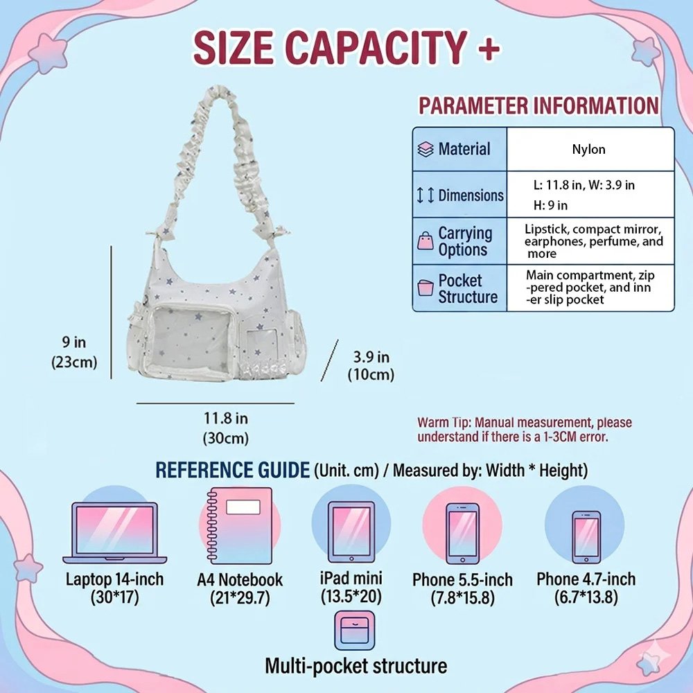 Black Ita Bag Star Print Cute Y2K Hobo
