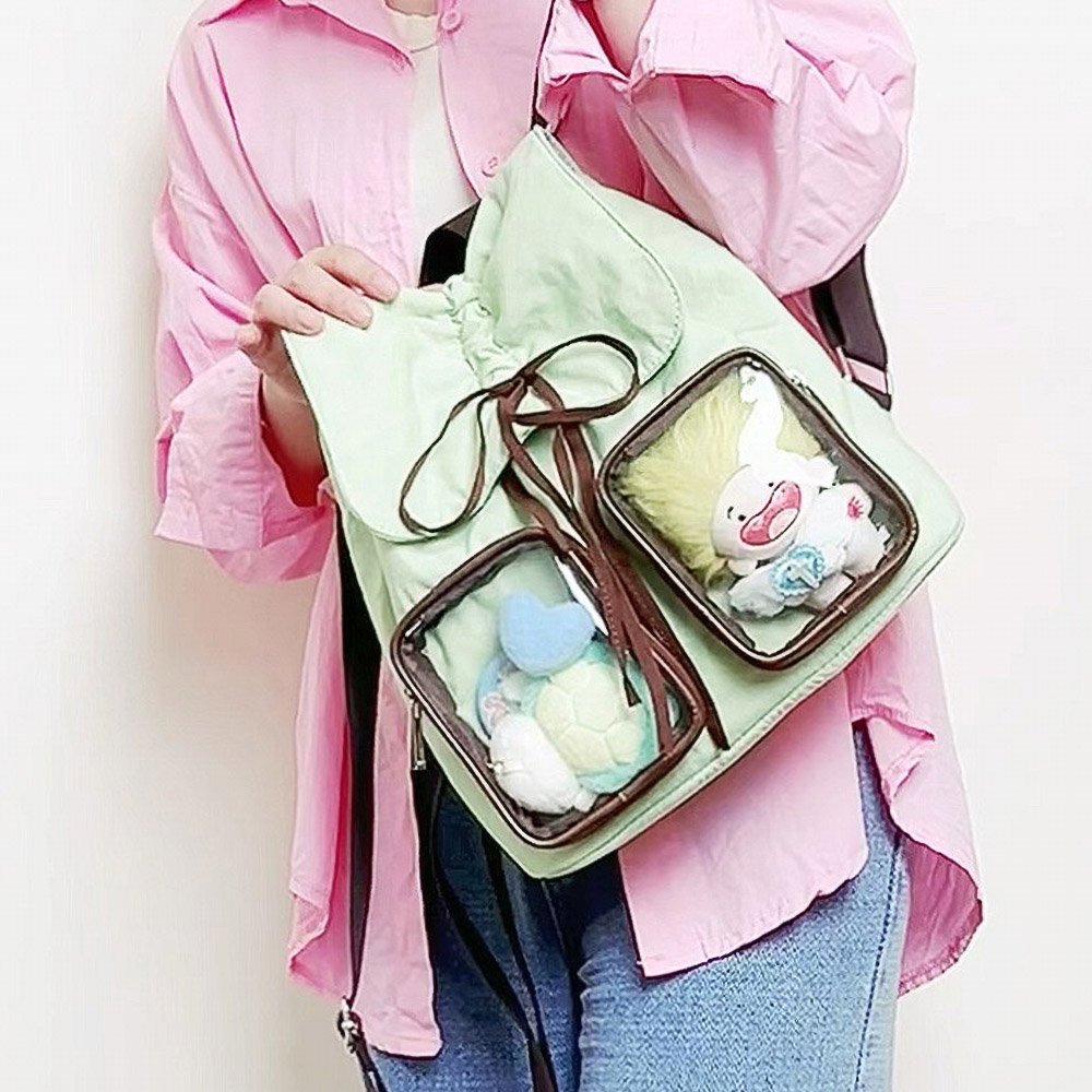 Cute Drawstring Ita Bag Backpack Dual Clear Pockets