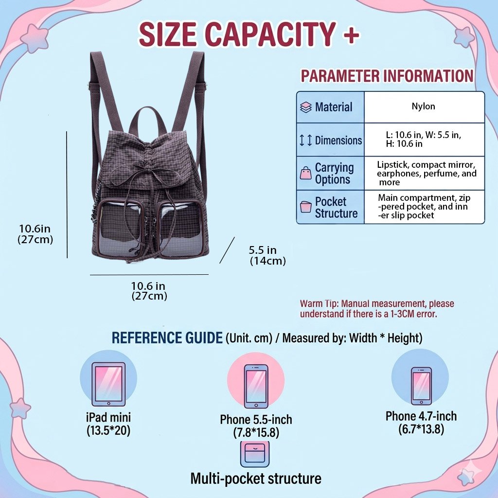 Cute Drawstring Ita Bag Backpack Dual Clear Pockets