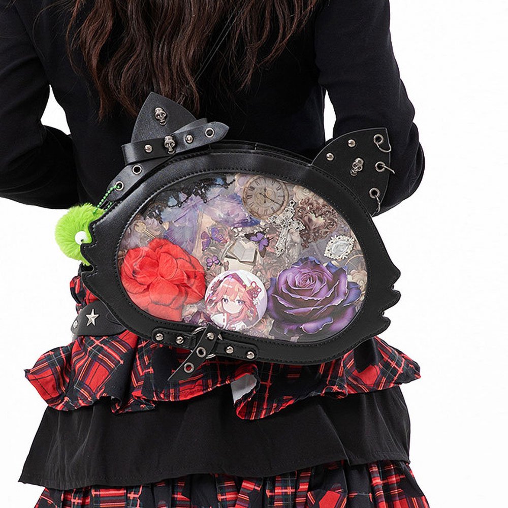 Gothic Cat Ear Ita Bag Crossbody Skull Bow Clear