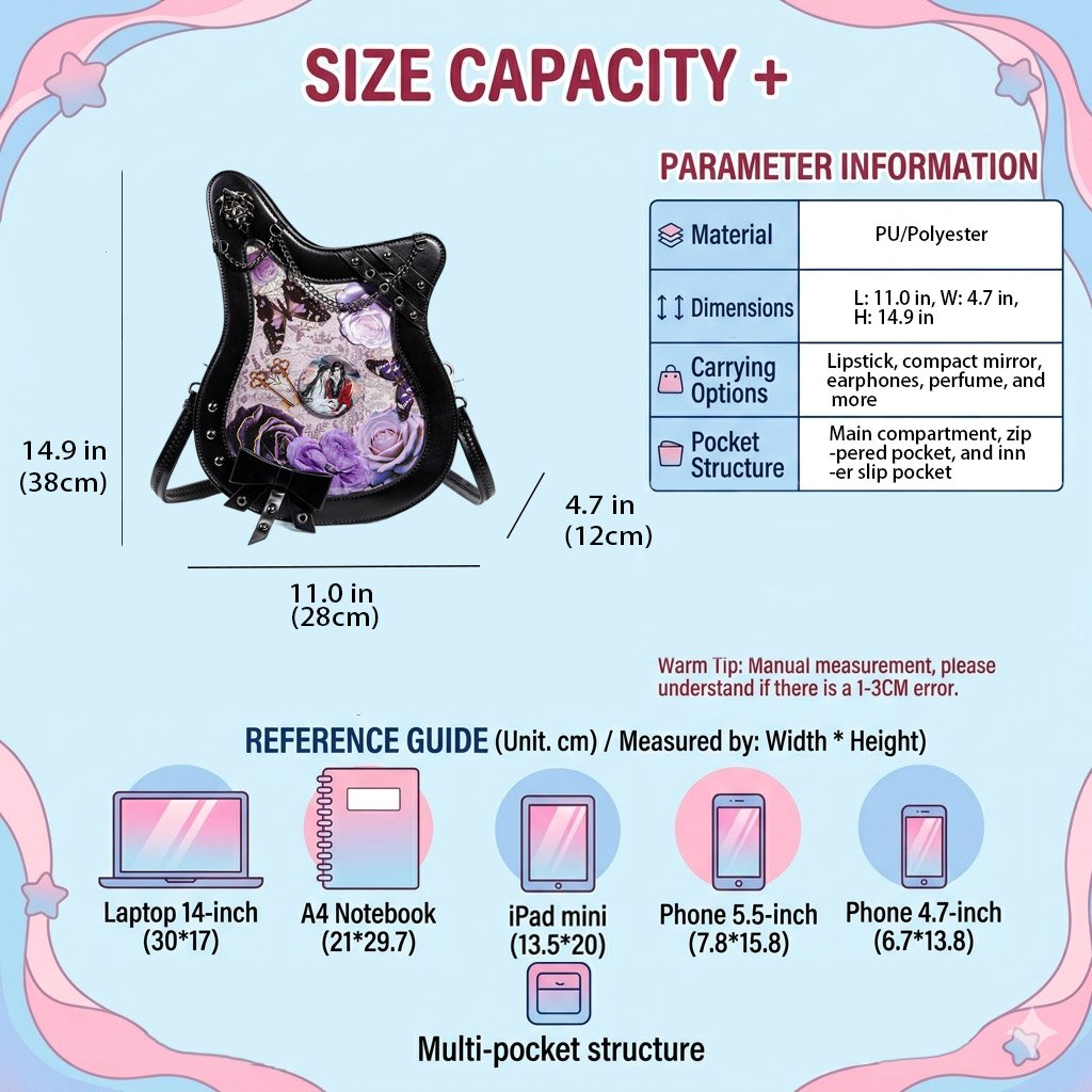 Gothic Guitar Shaped Ita Bag with Rose Chain Detail
