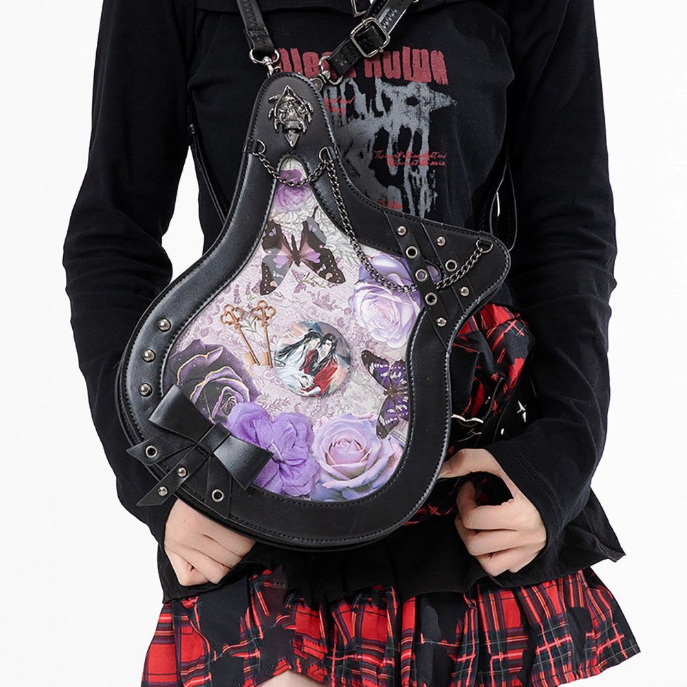 Gothic Guitar Shaped Ita Bag with Rose Chain Detail