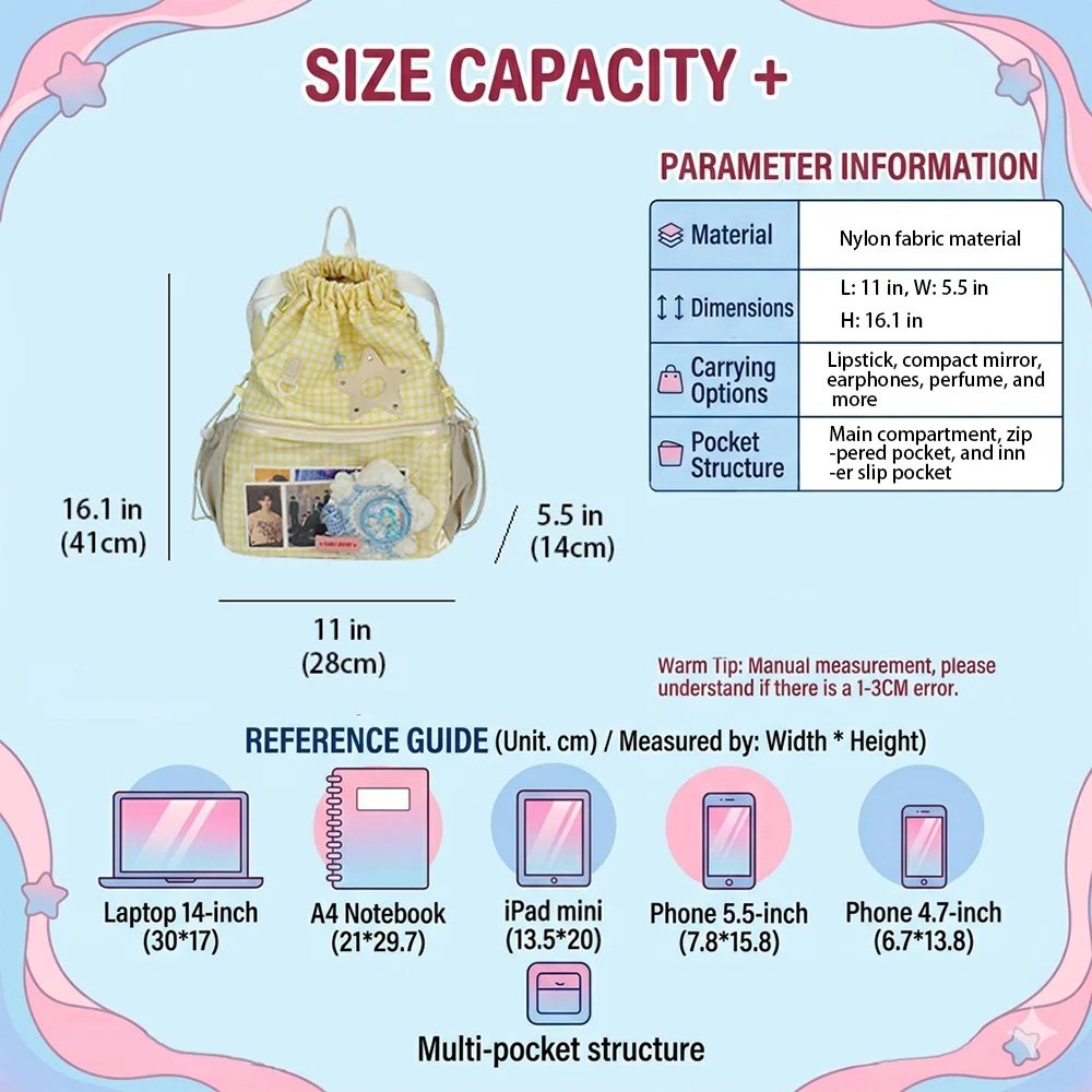 Ita Bag Backpack Gingham Drawstring Bucket