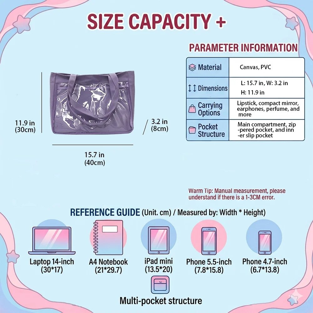 Pink Ita Tote Bag Harajuku Style Canvas Large Zip Bag