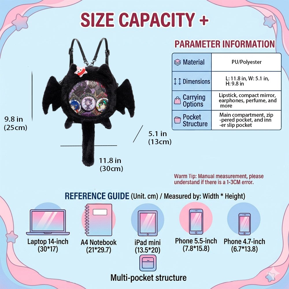 Kawaii Plush Bat Cat Ita Bag Backpack with Tail