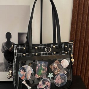 Black Ita Bag Heart Studded Plaid Academy Tote