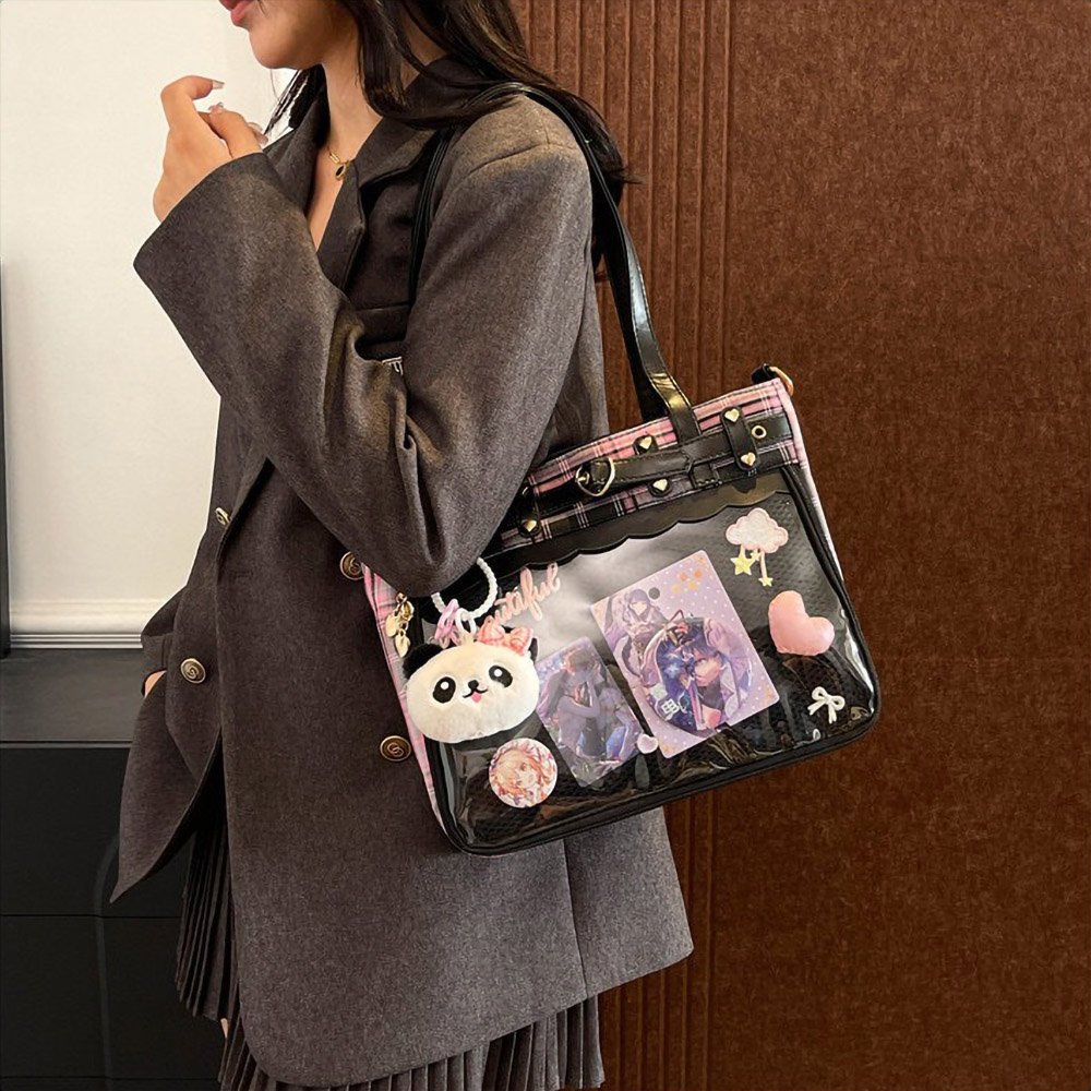 Black Ita Bag Heart Studded Plaid Academy Tote