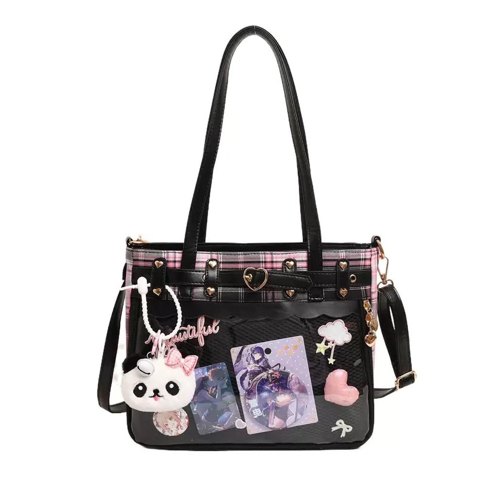 Black Ita Bag Heart Studded Plaid Academy Tote