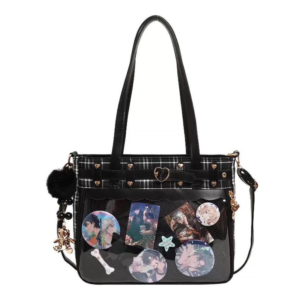 Black Ita Bag Heart Studded Plaid Academy Tote