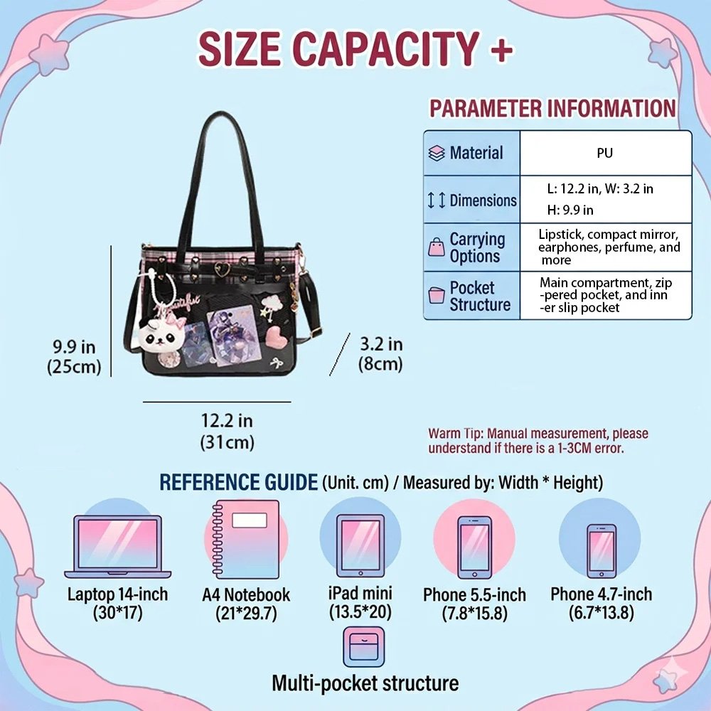 Black Ita Bag Heart Studded Plaid Academy Tote