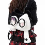 Black White Colorblock Plush Cat Ita Bag Backpack