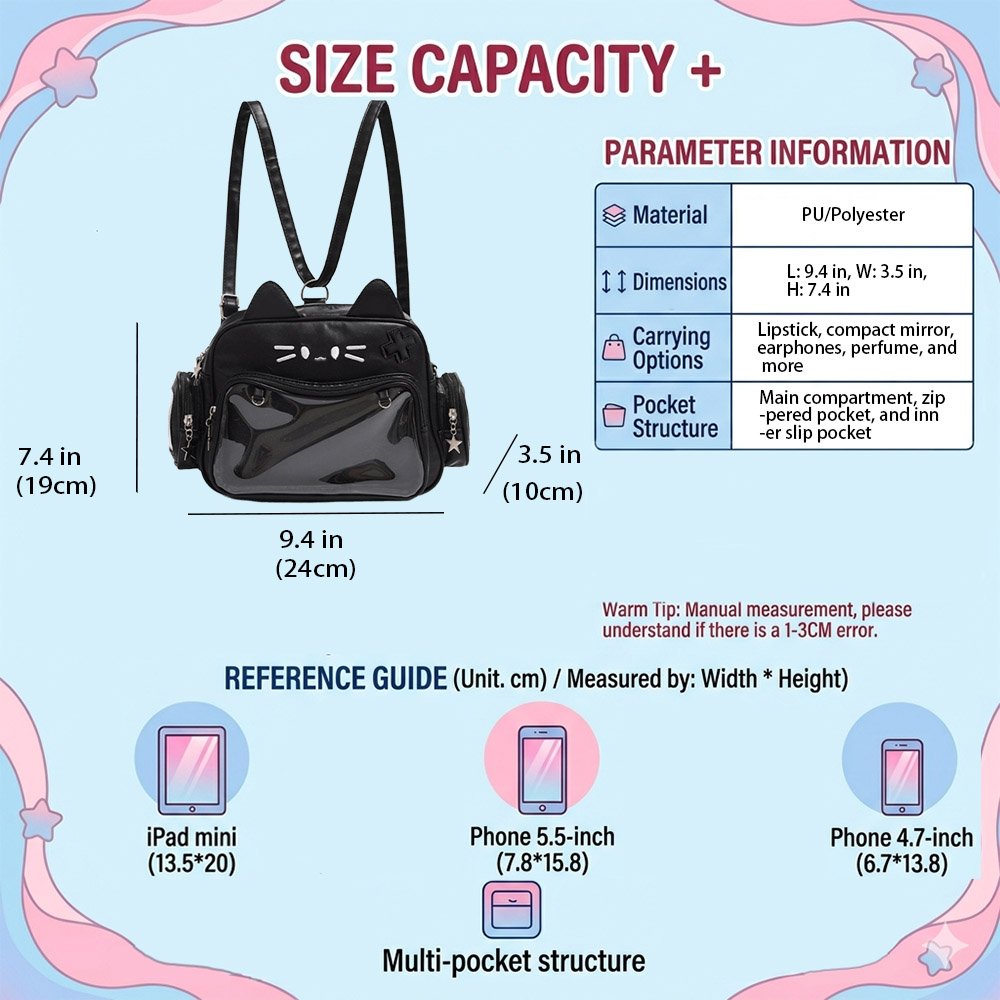 Kawaii Cat Ear Black Ita Bag Backpack Clear Window