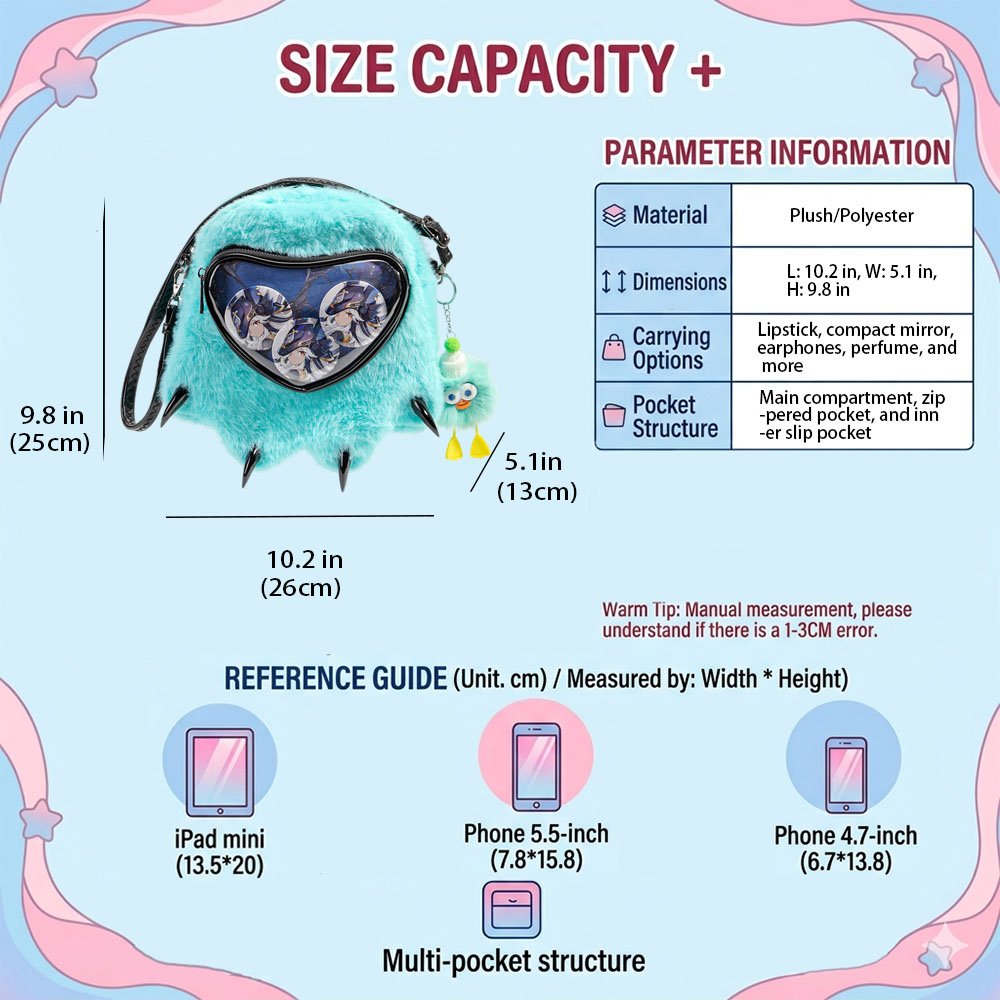 Kawaii Monster Claw Plush Ita Bag Heart Clear Window