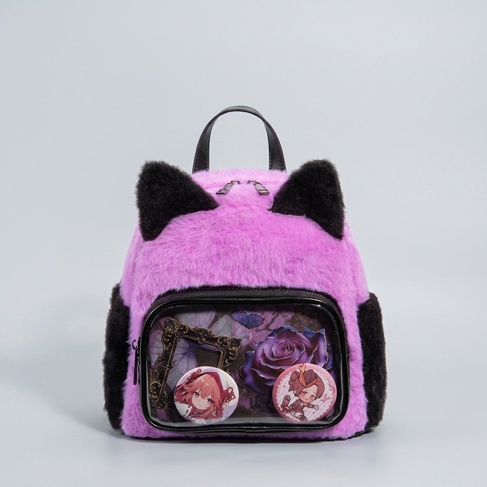 Kawaii Purple Ita Bag Backpack with Plush Cat Ears and Clear Window