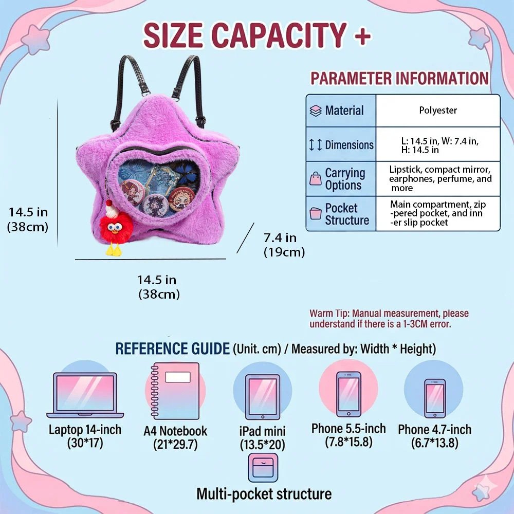 Kawaii Purple Ita Bag with Plush Star and Heart Clear Window