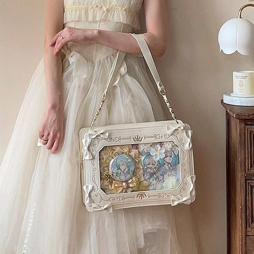 White Ivory Lolita Ita Bag Shoulder Bag Gold Bow Frame