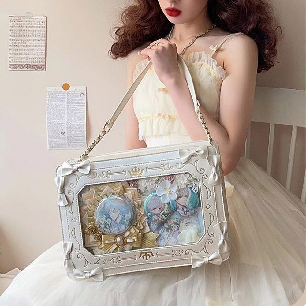 White Ivory Lolita Ita Bag Shoulder Bag Gold Bow Frame