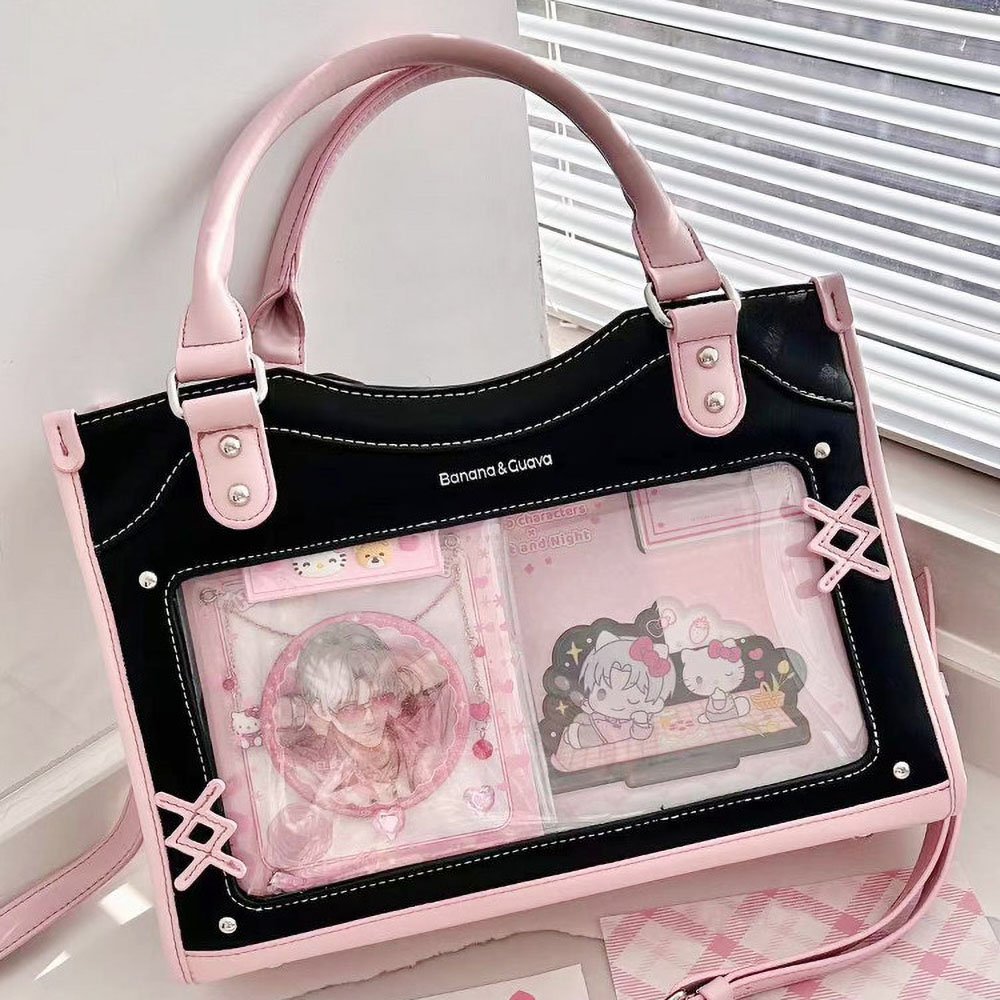 Y2K Pink Black Ita Bag Tote Clear Window Chain Detail