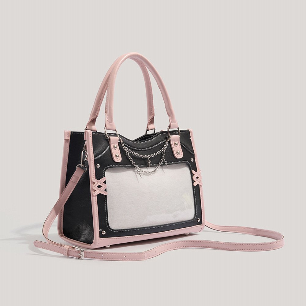 Y2K Pink Black Ita Bag Tote Clear Window Chain Detail