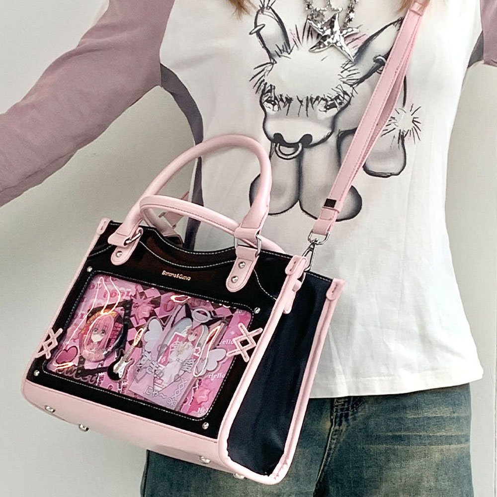 Y2K Pink Black Ita Bag Tote Clear Window Chain Detail