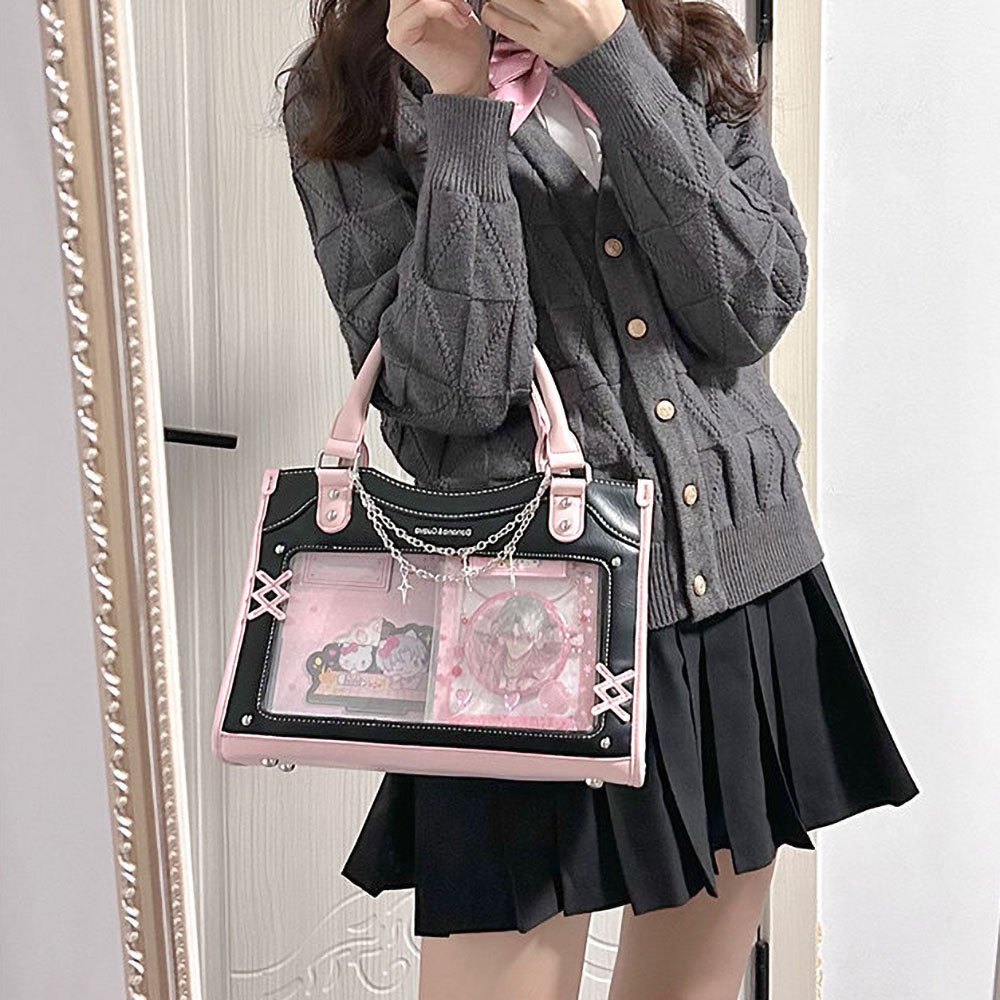 Y2K Pink Black Ita Bag Tote Clear Window Chain Detail