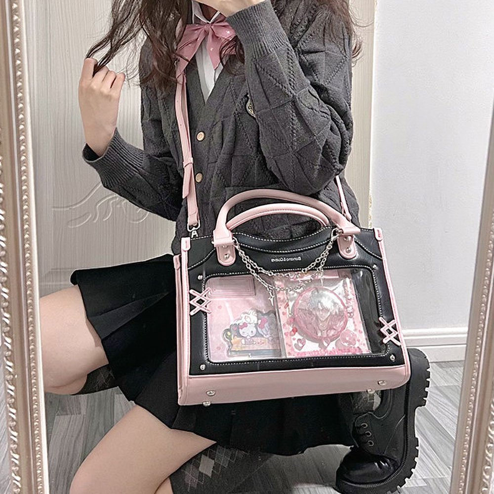 Y2K Pink Black Ita Bag Tote Clear Window Chain Detail