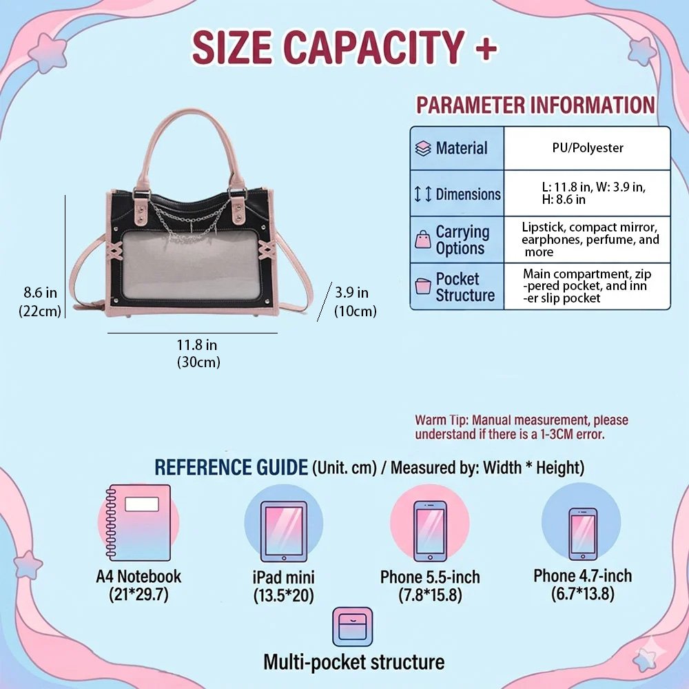 Y2K Pink Black Ita Bag Tote Clear Window Chain Detail