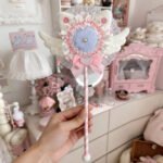 Pink White Angel Cat Lace Wand Badge Display Base