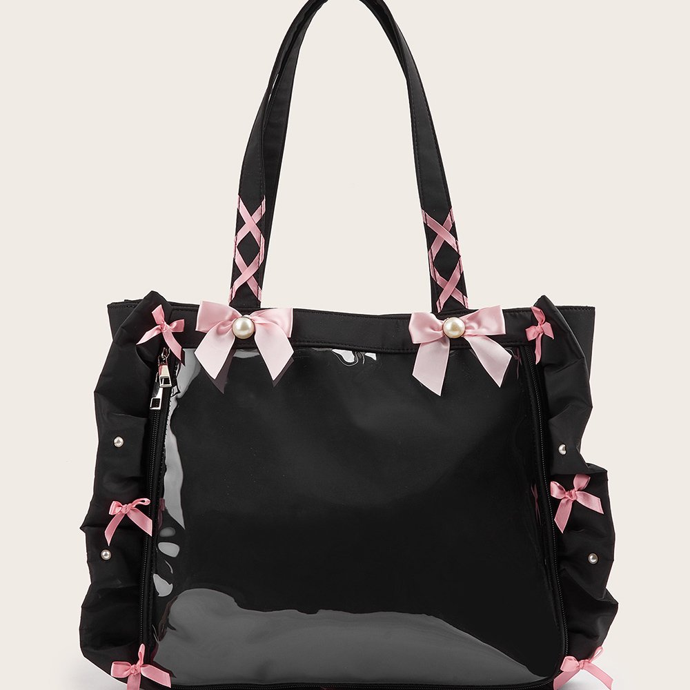 Black Ita Bag Large Clear Window Bow Tote