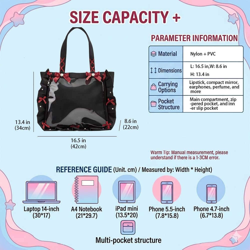 Black Ita Bag Large Clear Window Bow Tote