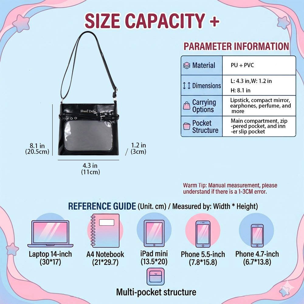 Black Ita Bag Large Clear Window Pin Insert