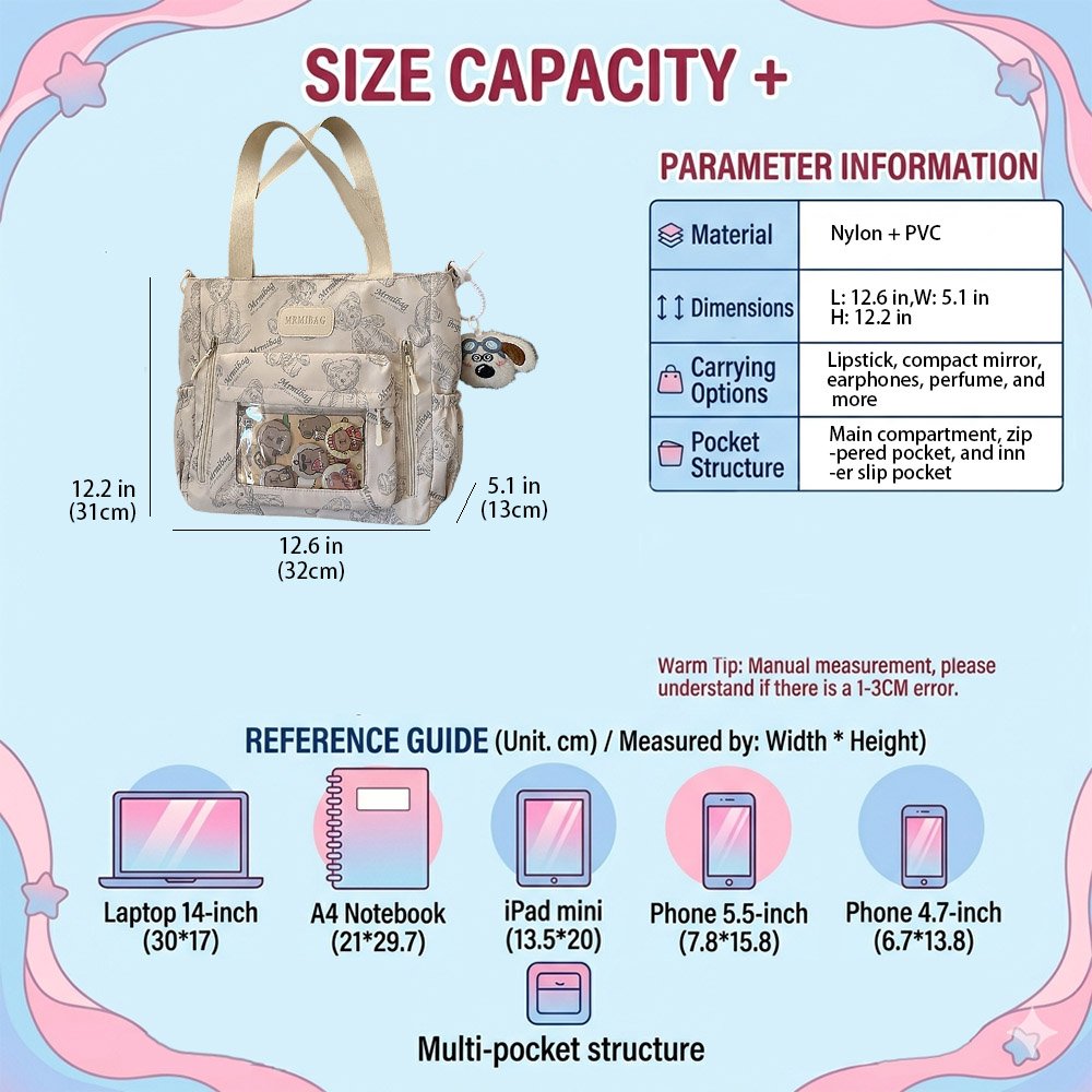Ita Bag Crossbody Bear Print Pin Display Tote