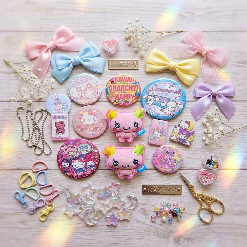 An aesthetic, top-down flat lay photograph capturing a curated collection of sweet pink ita bag making accessories and pins, arranged on a li. The scene is bathed in dreamy, soft, diffu (1)