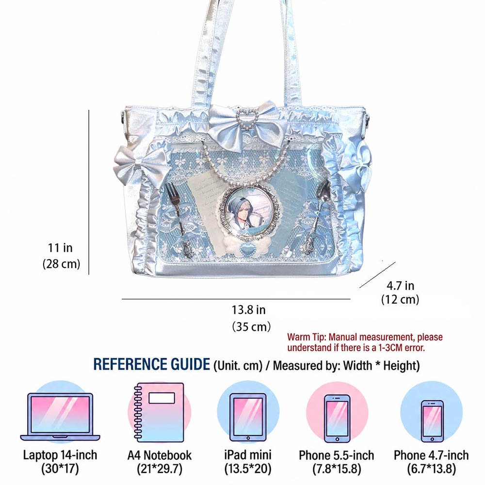 Ita Tote Bag, Blue Ita Bag Kawaii Lace Bow Clear