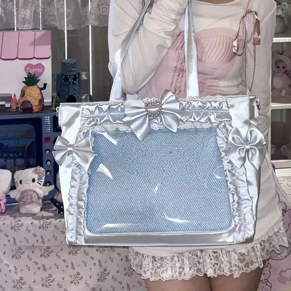 Ita Tote Bag, Blue Ita Bag Kawaii Lace Bow Clear